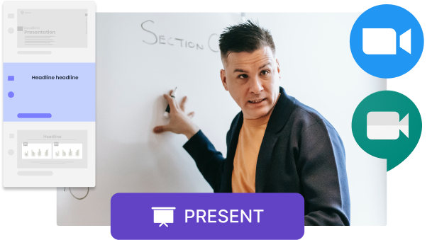 Eine Schaltfläche mit den Worten "Präsentieren" über einem Lehrer mit Logos für Besprechungssoftware