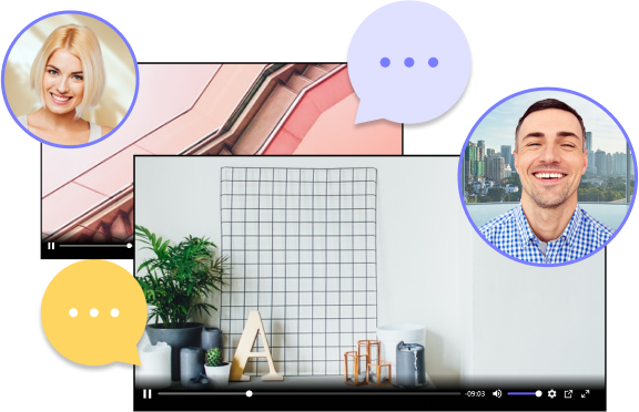 Two video players with floating circle portraits and speech bubbles.